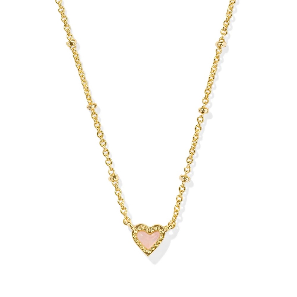 NWT Kendra Scott Mini Ari Heart Gold Satellite Pendant Necklace Rose Quartz